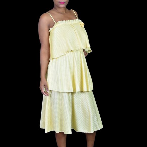 Vintage Tiered Midi Dress Yellow Ruffle Plisse Lemon 70s Pastel Homemade Large - Picture 3 of 14